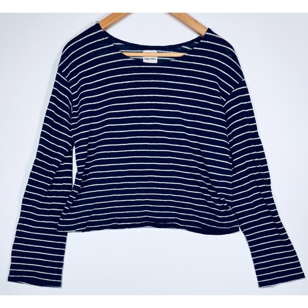 VIR VITA Linen Top Large Navy Stripe Cropped Long Sleeve Made in USA Nautical